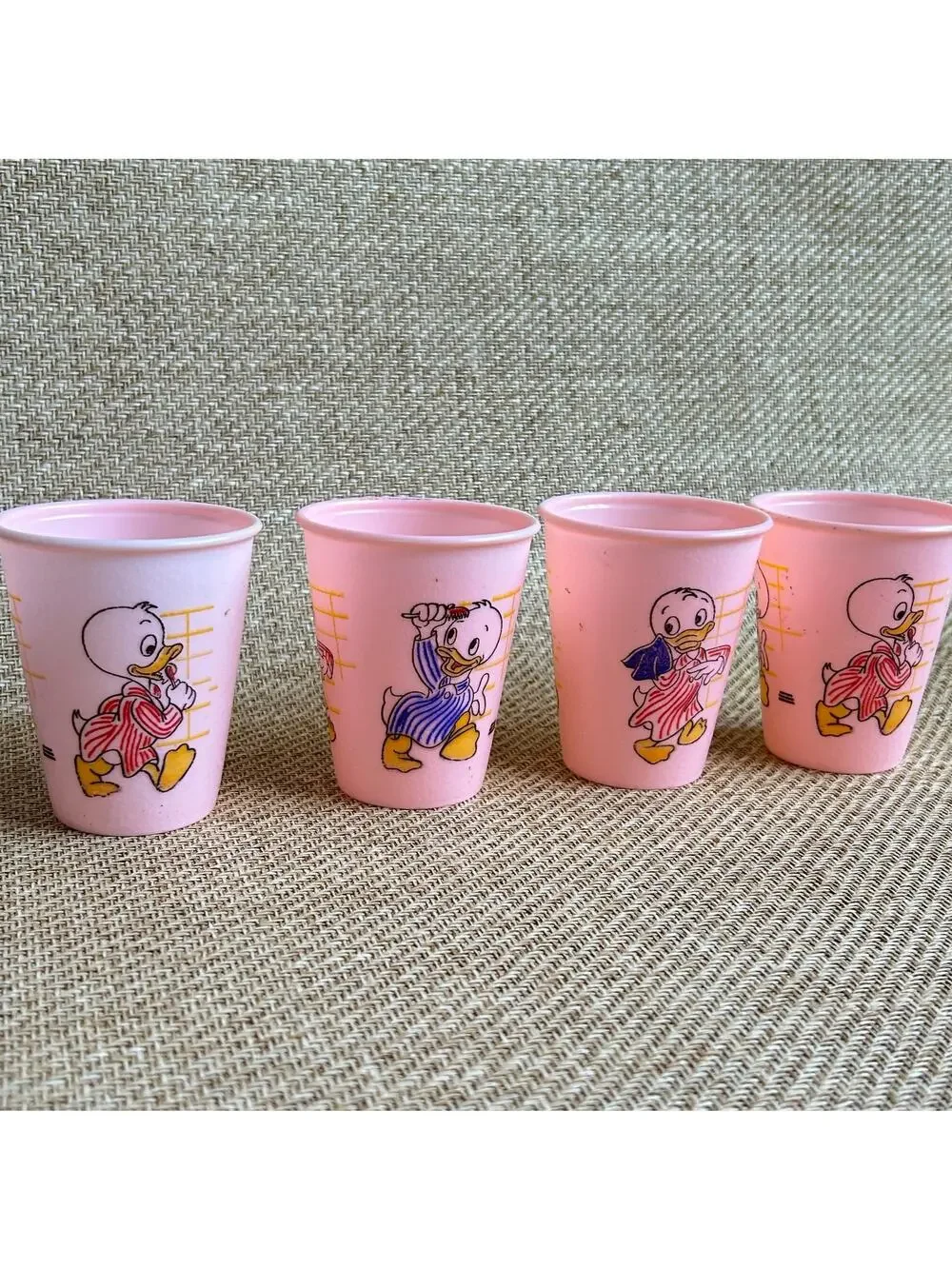 Vintage Disney Huey Dewey Louie Pink Plastic Cups Set of 4 Pajamas 1970s–80s